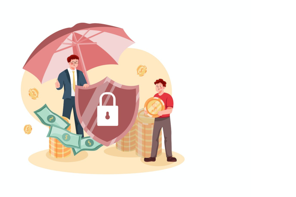 graphic of two men with money, an umbrella, and an insurance symbol with a lock to represent being protected by chargeback insurance