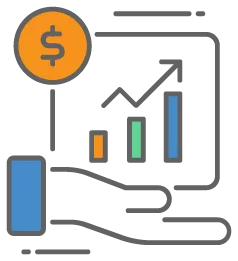 a dollar sign in orange circle next to revenue chart increasing 