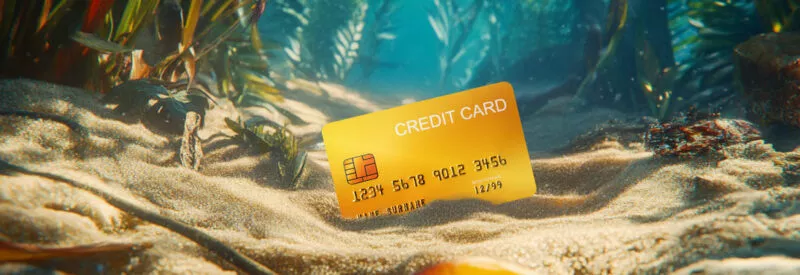 A gold credit card partially buried in underwater sand, surrounded by aquatic plants, symbolizing financial disputes and the complexities of chargebacks.