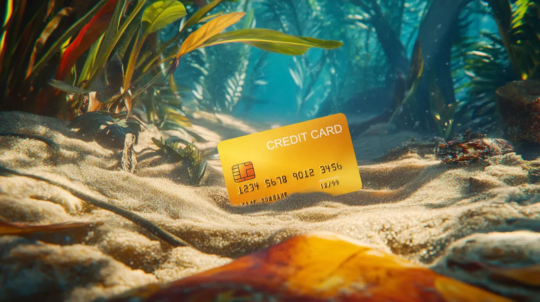 A gold credit card partially buried in underwater sand, surrounded by aquatic plants, symbolizing financial disputes and the complexities of chargebacks.