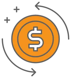 graphic icon of dollar symbol inside an orange circle with arrows going around it. 