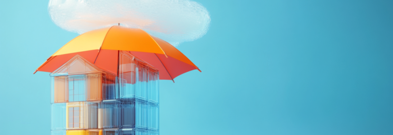 A translucent business building protected by an orange umbrella with a cloud hovering above.