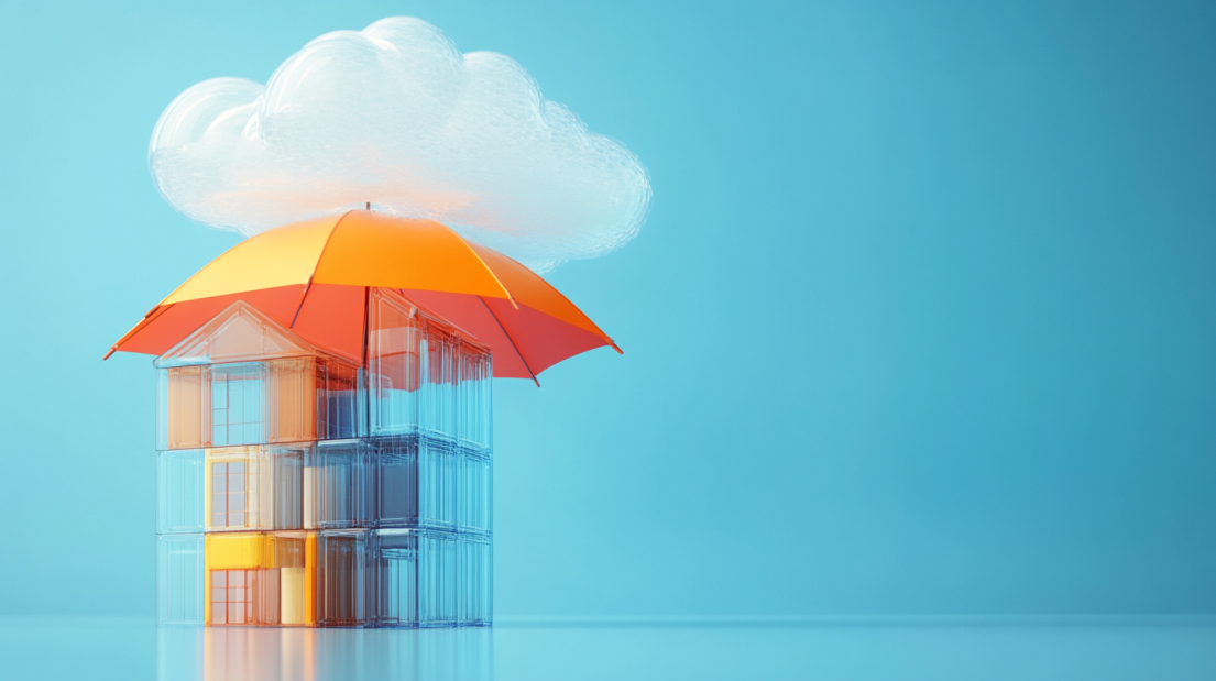 A translucent business building protected by an orange umbrella with a cloud hovering above.