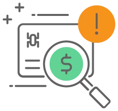 Graphic icon of a credit card with an ! on it and a magnifying glass