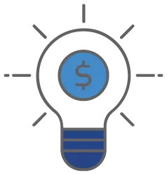 a dark blue lightbulb with a light blue dollar sign in it