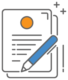 graphic icon of a pen and paper with writing on it