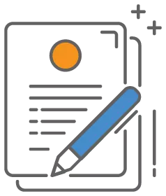 graphic icon of a pen and paper with writing on it