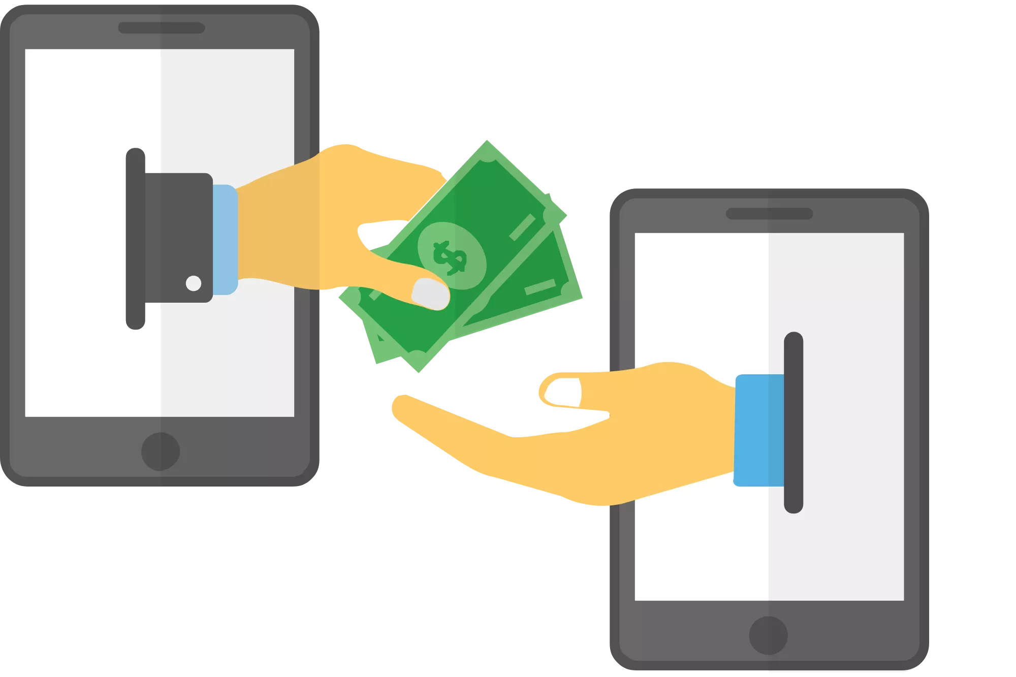 two hands coming out of smart device tablets and exchanging money to represent paying via PayPal for business