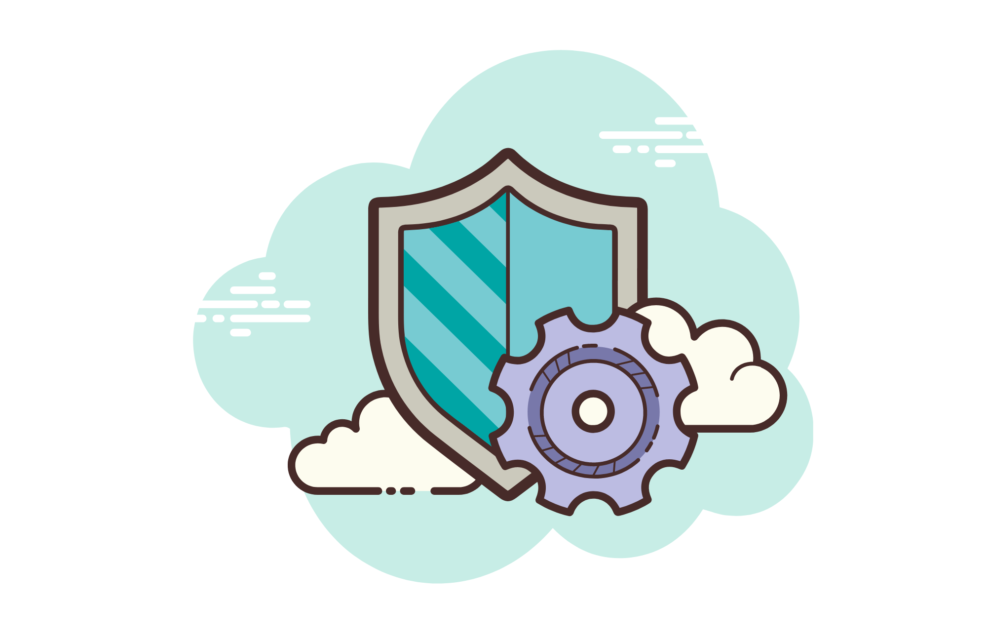 graphic of a shield with a gear icon and clouds to protect merchants form the paypal chargeback fee