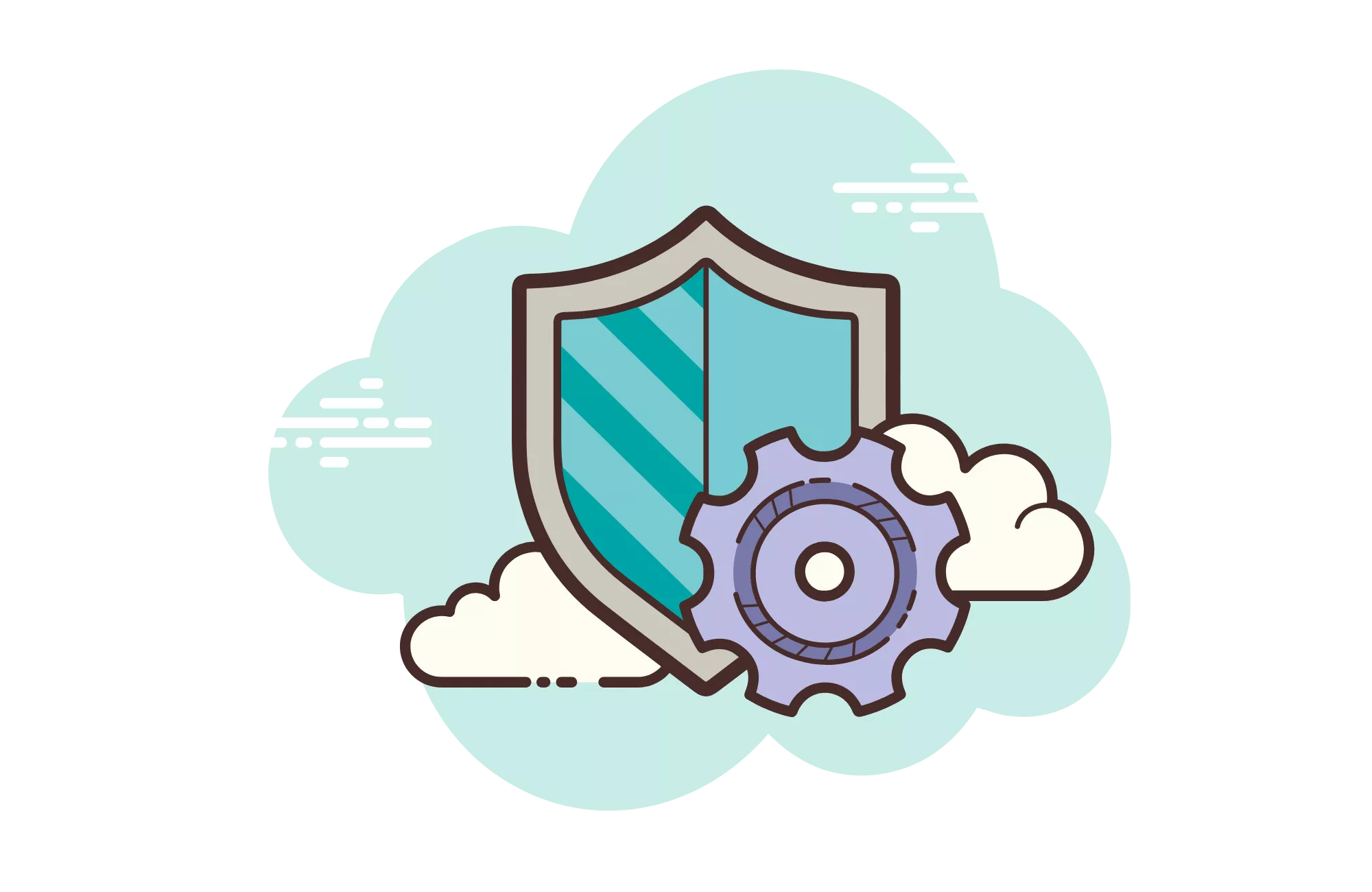 graphic of a shield with a gear icon and clouds to protect merchants form the paypal chargeback fee