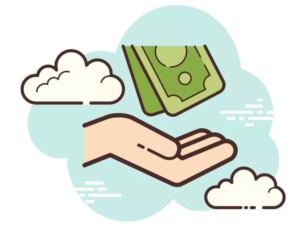 graphic of cash falling into a hand in the sky surrounded by clouds ro represent a customer receiving a refund from a paypal chargeback