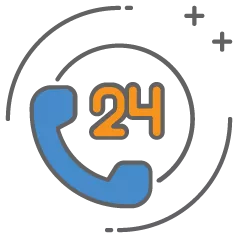 Blue telephone with 24 above it for 24/7 availability. 