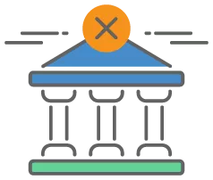 a bank with an x-mark in an orange circle as it issues a merchant a banking error 