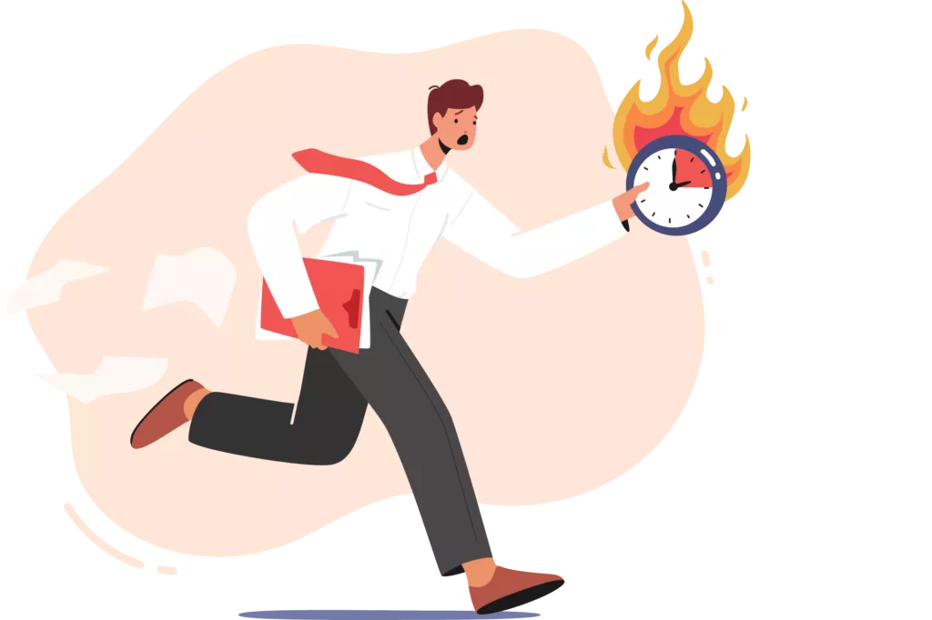 A man running to pay his bill after receiving a strong letter for outstanding payment represented by a burning clock.
