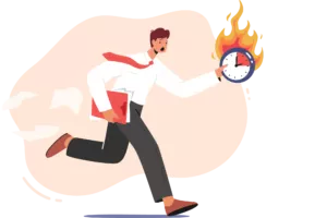 A man running to pay his bill after receiving a strong letter for outstanding payment represented by a burning clock.