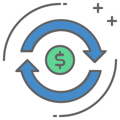 dollar sign in green circle surrounded by blue rotating arrows