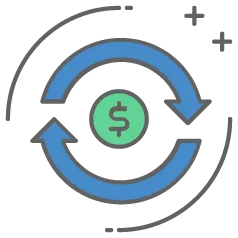 dollar sign in green circle surrounded by blue rotating arrows