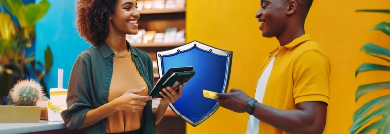 woman business owner holding payment terminal while male customer pays with credit card