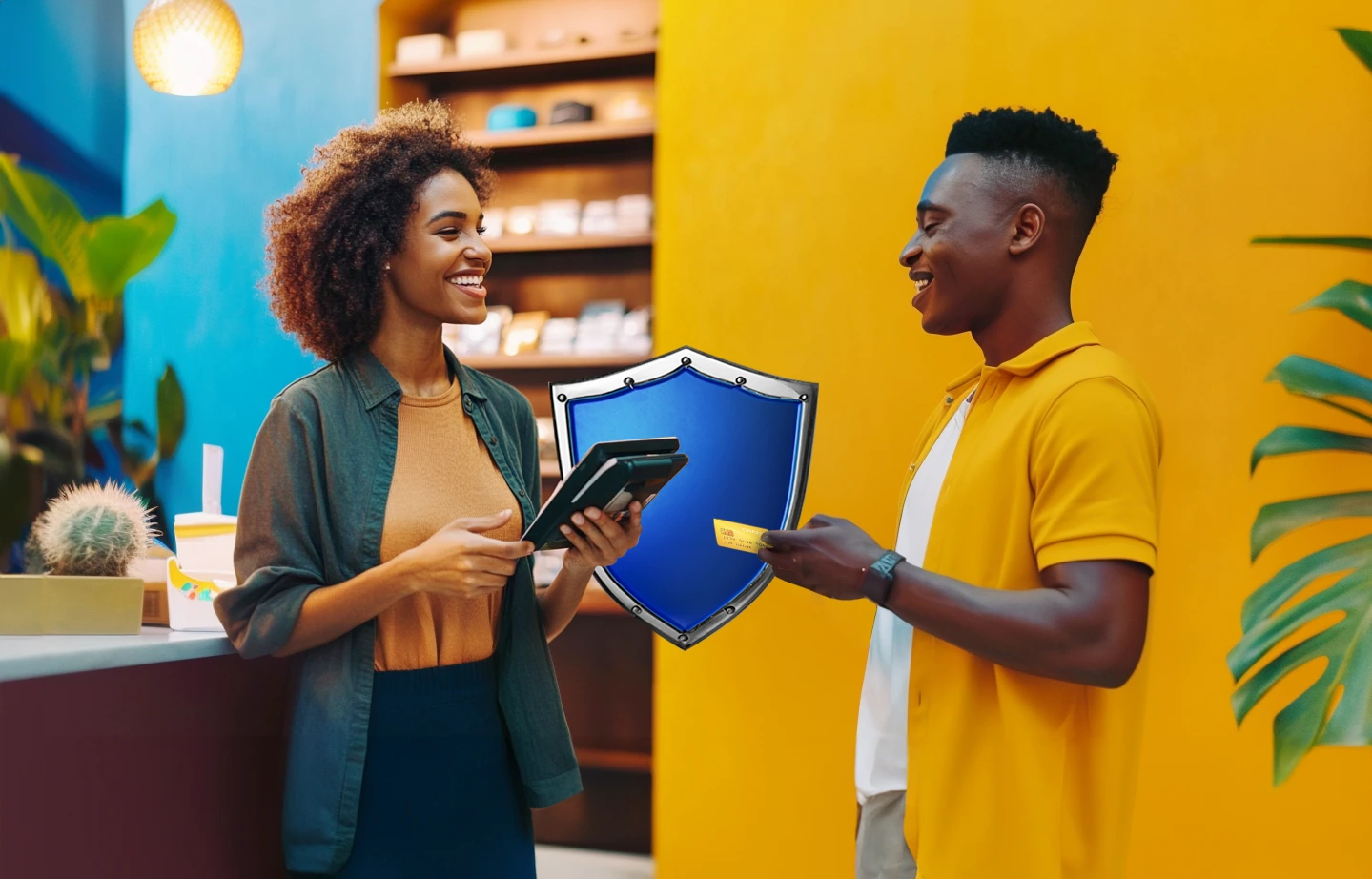 woman business owner holding payment terminal while male customer pays with credit card