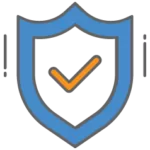 an orange checkmark inside a blue security shield 