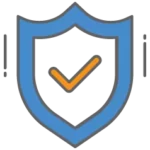 an orange checkmark inside a blue security shield 