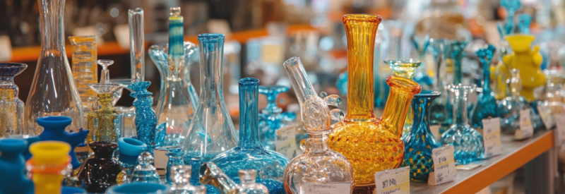 A display of colorful glass pipes and bongs in a well-lit smoke shop, showcasing a variety of intricate designs.