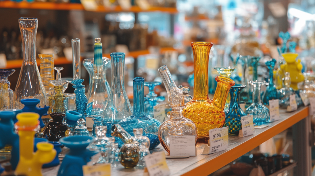 A display of colorful glass pipes and bongs in a well-lit smoke shop, showcasing a variety of intricate designs.