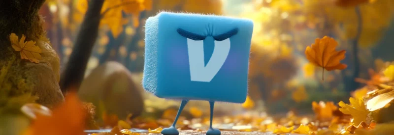 A frustrated, anthropomorphized Venmo logo character standing in an autumn forest, surrounded by falling leaves.