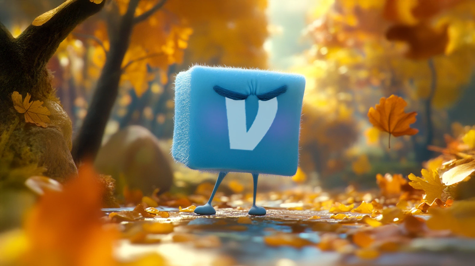 A frustrated, anthropomorphized Venmo logo character standing in an autumn forest, surrounded by falling leaves.