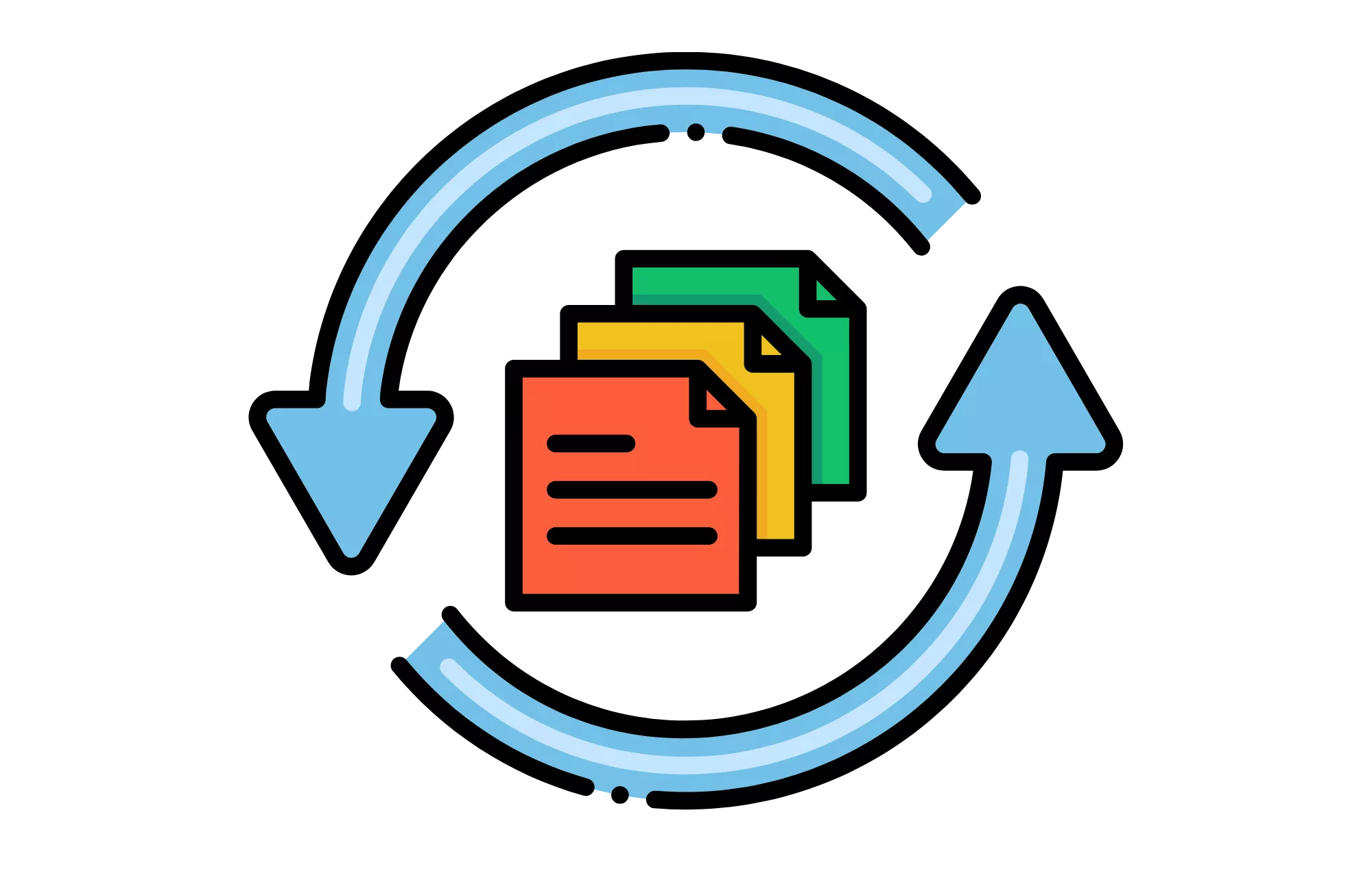 three documents in different colors inside two blue arrows making a circle during a chargeback representment