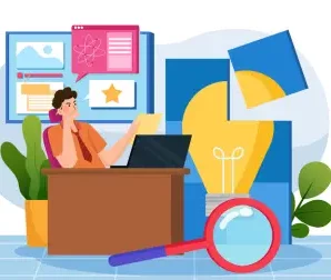 Merchant in an office reviewing documents next to a lightbulb and magnifying glass.