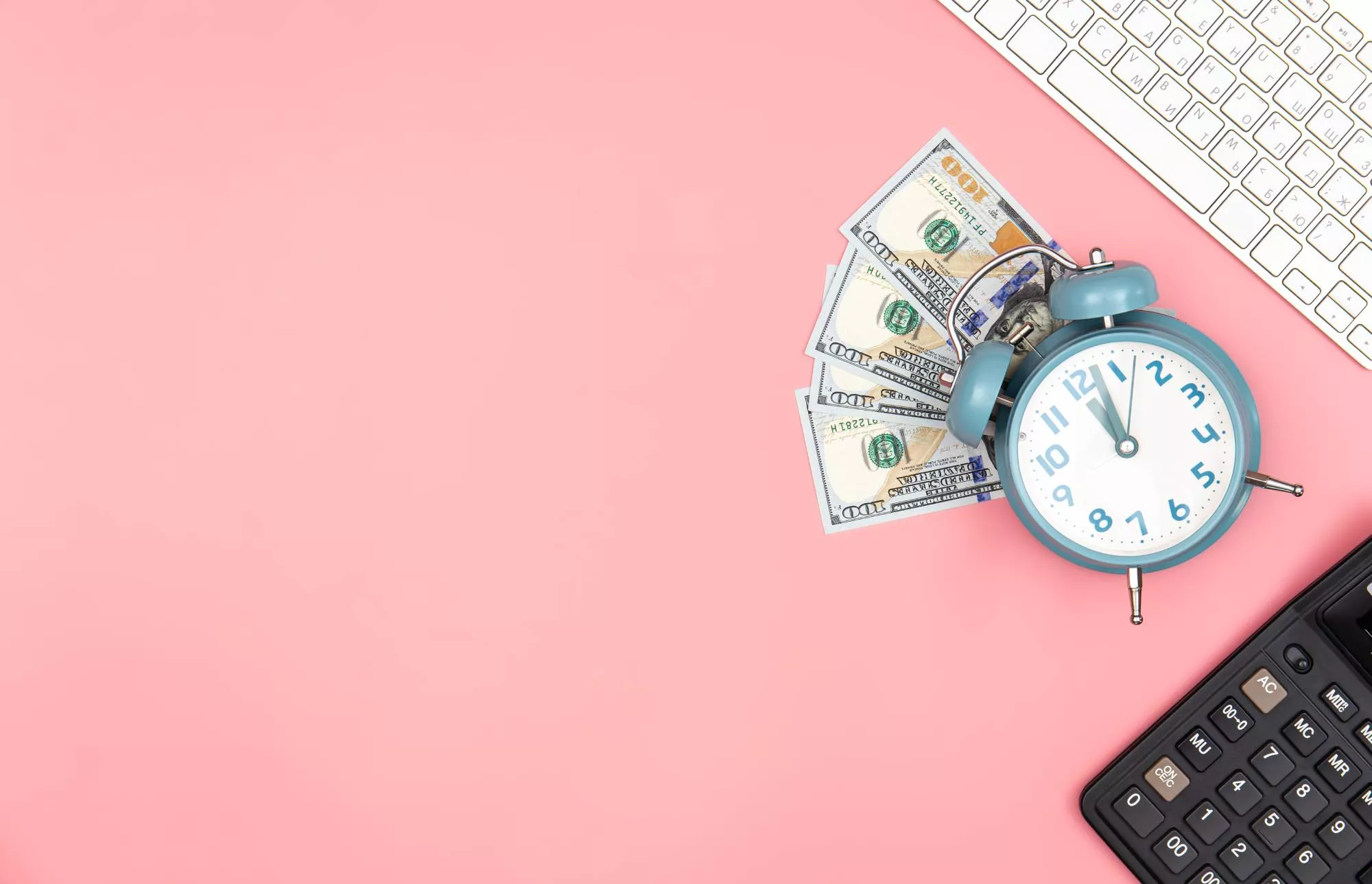 A clock and money on a pink background for a merchant wanting a high-risk merchant account instant approval.