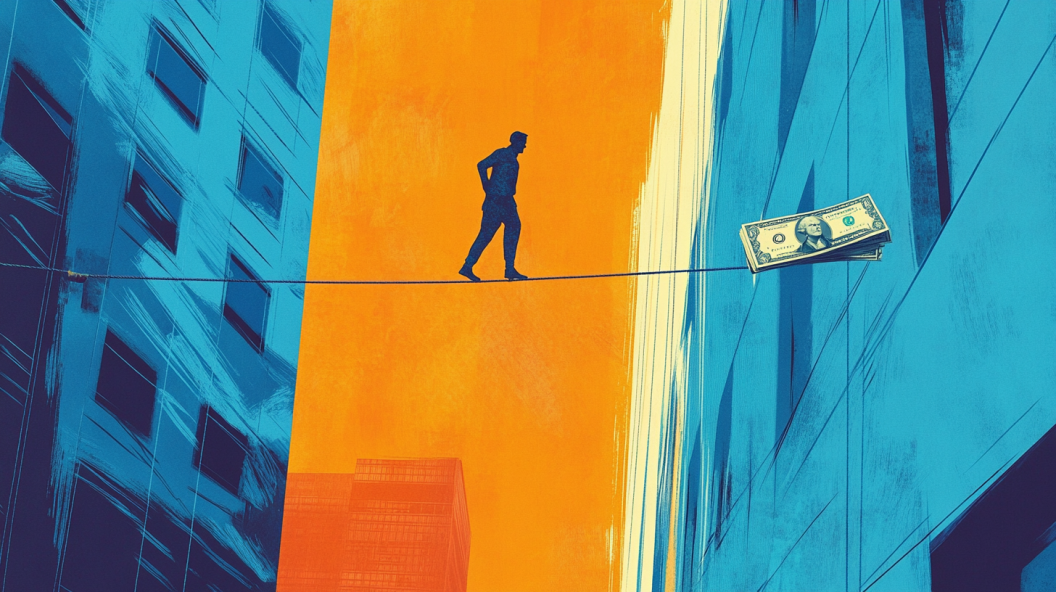 A risk taker walking a tightrope walking towards money.