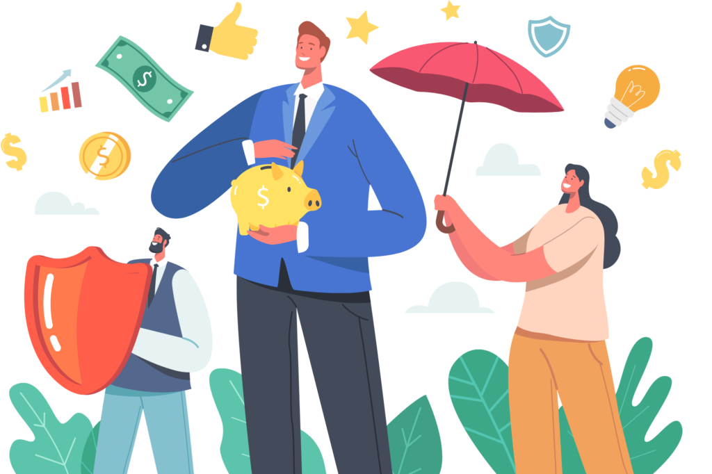 three people holding umbrellas and shields as transaction funds rain down to represent protecting your business from payment reversals