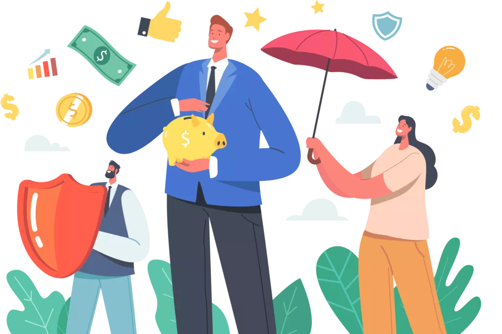 three people holding umbrellas and shields as transaction funds rain down to represent protecting your business from payment reversals
