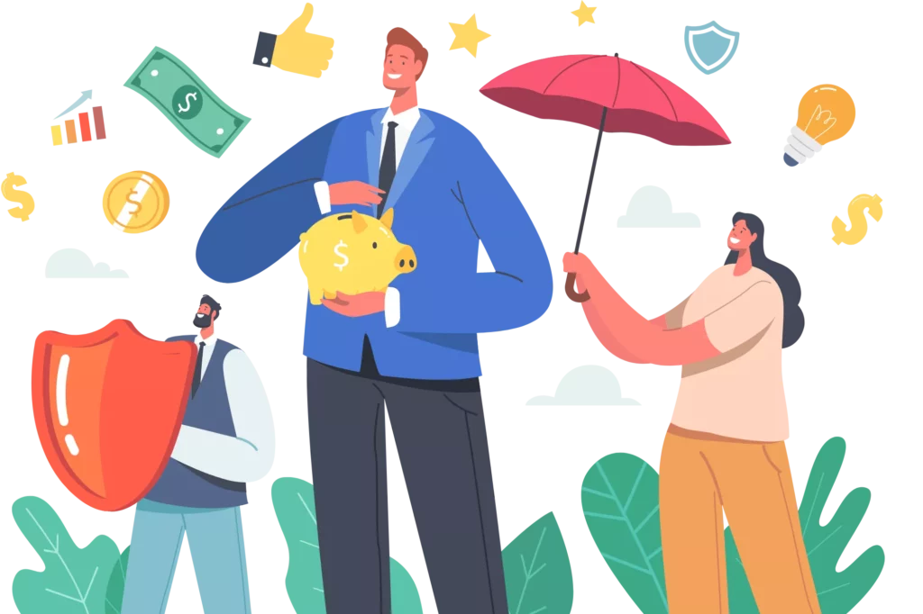 three people holding umbrellas and shields as transaction funds rain down to represent protecting your business from payment reversals