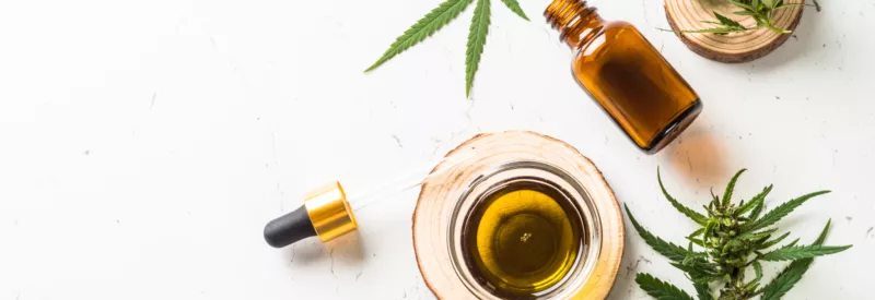Cannabis leaves and CBD oil to represent legal CBD.