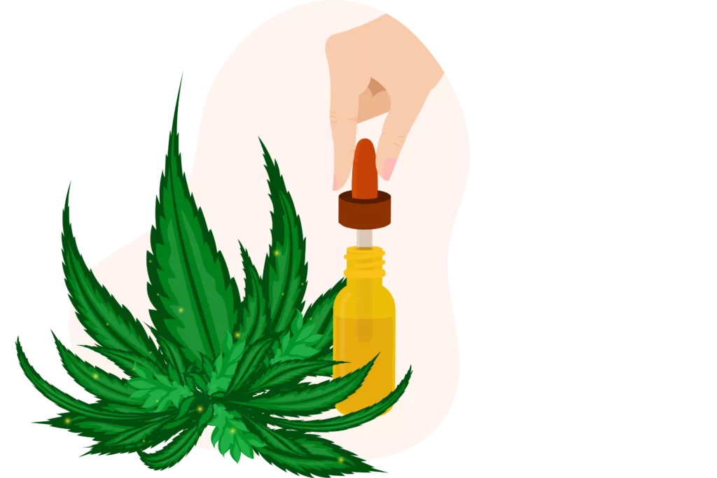 A cannabis leaf and a droplet bottle to sell legal CBD oil.
