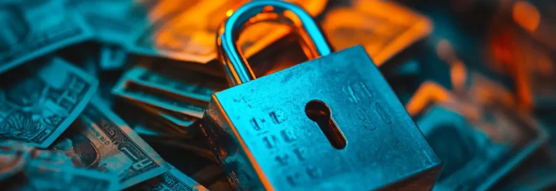 A metal padlock sits on top of a pile of cash, symbolizing financial security and restricted access to money.