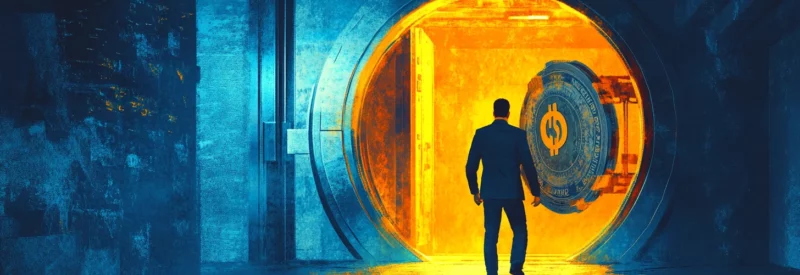 A silhouetted figure stands before a large, glowing bank vault door, illuminated in blue and orange tones.