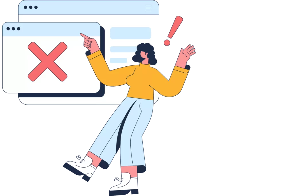 A female business owner looking at a screen with an X and exclamation point on it as an AVS mismatch occurs.