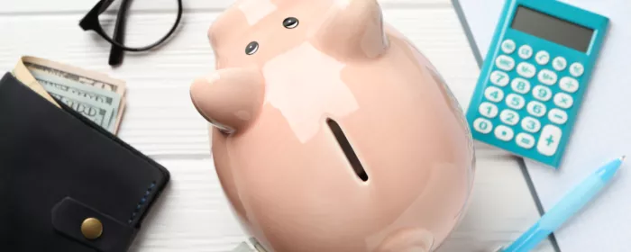 A pink piggy bank with a blue calculator and wallet next to it.