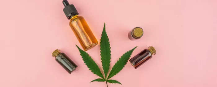 a couple of CBD tinctures and leaf on pink background