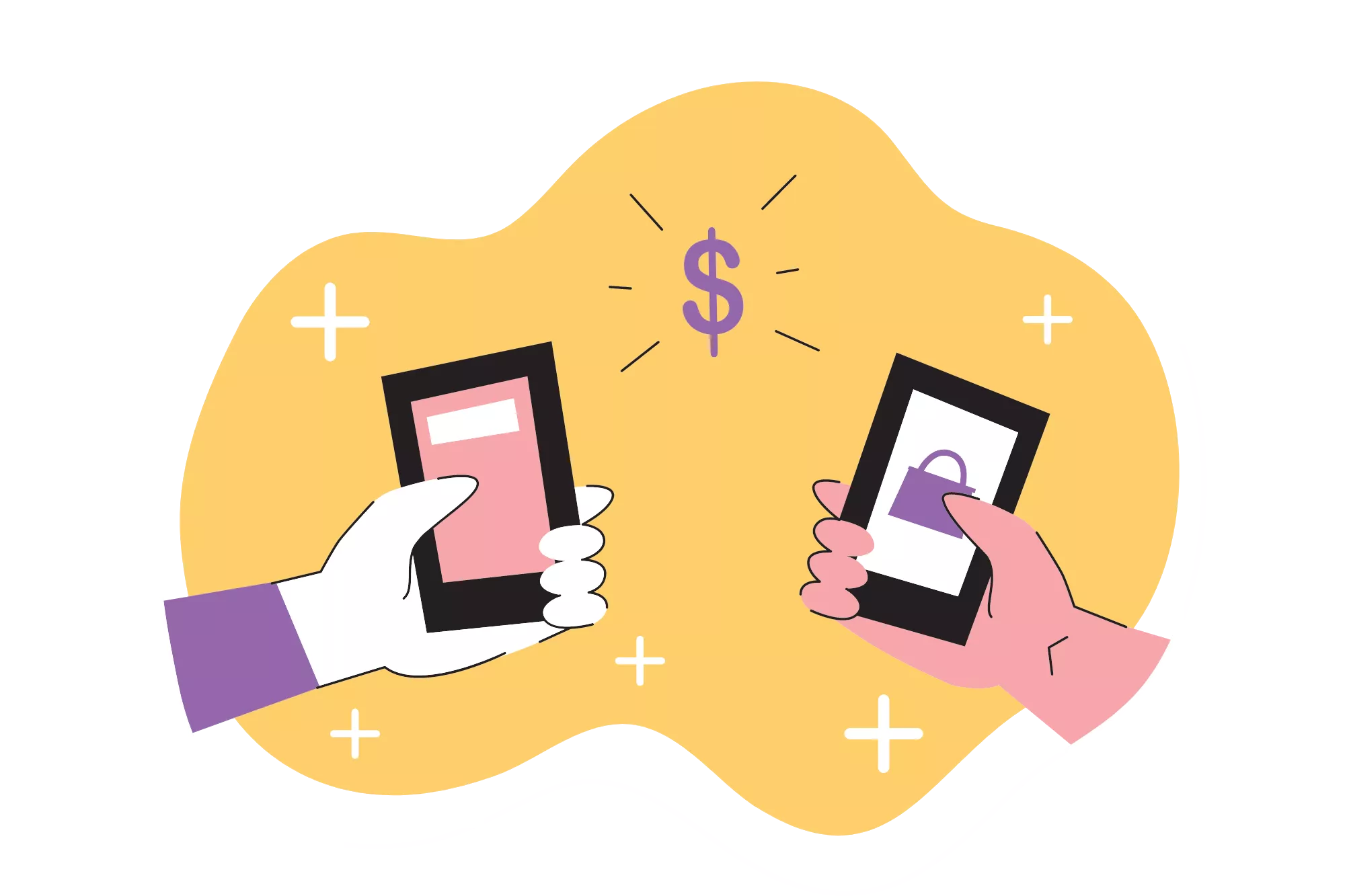 two hand holding phones sending a digital goods micropayment
