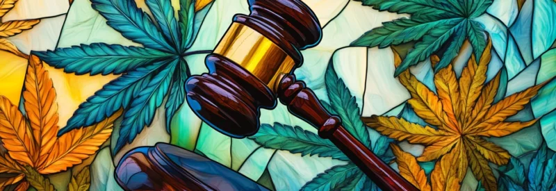 A judge's gavel placed against a vibrant stained glass backdrop of hemp leaves