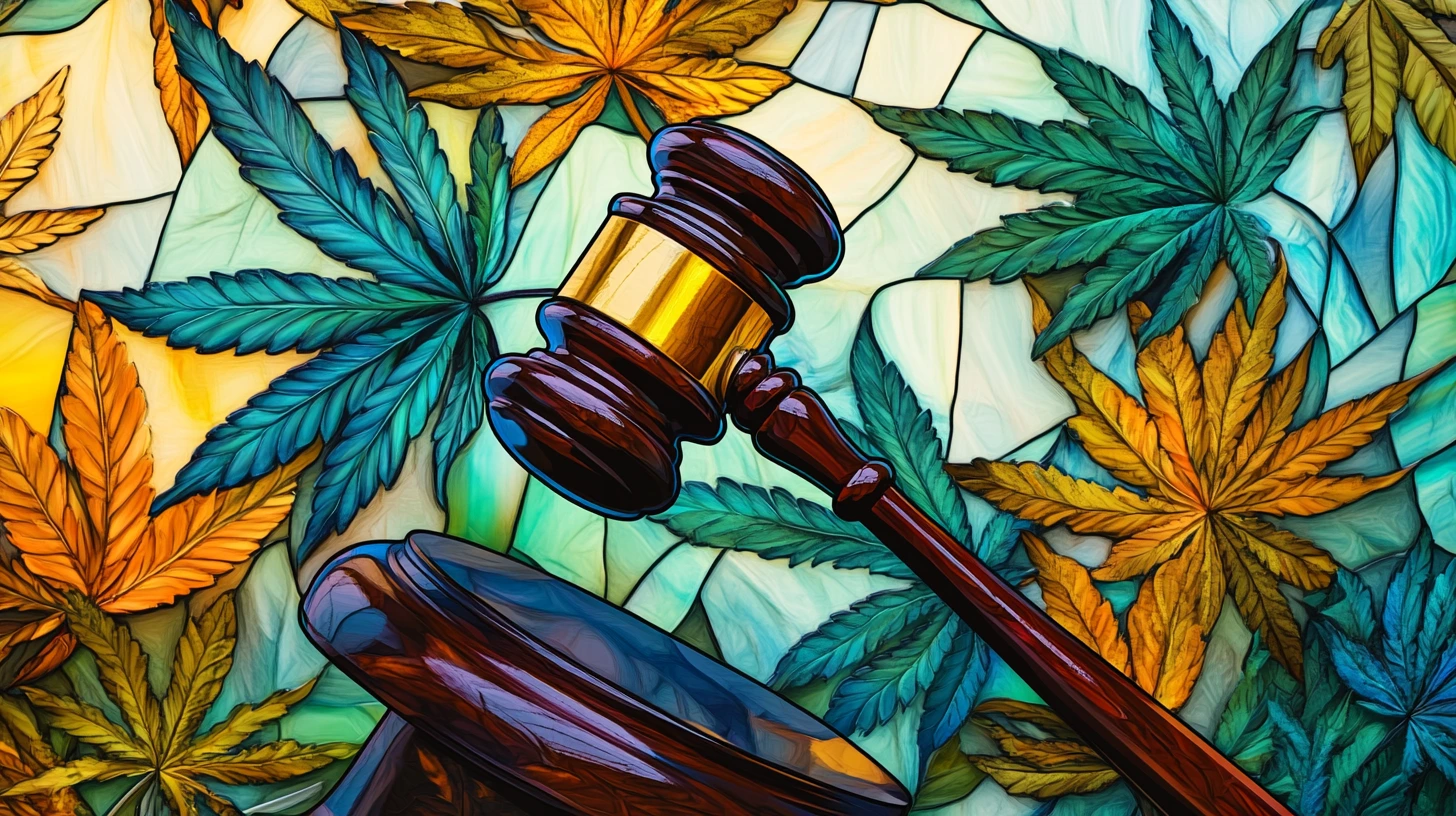 A judge's gavel placed against a vibrant stained glass backdrop of hemp leaves