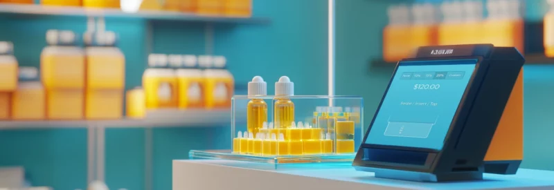 A modern retail store selling CBD products, featuring a sleek point-of-sale system and neatly displayed bottles of CBD oil.