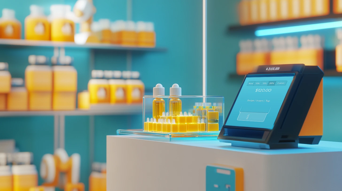 A modern retail store selling CBD products, featuring a sleek point-of-sale system and neatly displayed bottles of CBD oil.