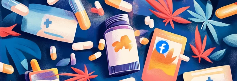 A colorful illustration of CBD-related products, including capsules, bottles, and lotions, displayed against a vibrant blue background.