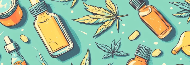 Illustrated CBD products including oil droppers, capsules, and hemp leaves on a turquoise background